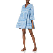 Mud Pie 女士幾何圖案棉質(zhì)A型連衣裙 V領(lǐng)七分袖中長(cháng)款 robin 藍 S