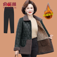 俞兆林（YUZHAOLIN）中年媽媽冬裝外套加厚PU皮棉衣中老年女時(shí)尚大碼羊羔絨翻領(lǐng)皮棉襖 黑色 + 黑色加絨褲 6XL (參考155-170斤)