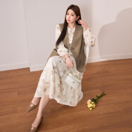 藍(lán)語(yǔ)大碼女裝法式水墨印花連衣裙搭配寬松馬甲2025秋季一整套穿搭 花色連衣裙 現(xiàn)貨 XL 【建議120-140斤】