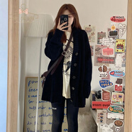 蜜樂奇針織開衫外套女秋冬季穿搭慵懶小香風(fēng)寬松v領(lǐng)粗線中長款學(xué)生毛衣 黑色 M 90-100