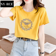 NY-RCE短袖T恤女新款白色潮牌質(zhì)感時尚女裝印花超火上衣設(shè)計感 214印花姜黃色 M