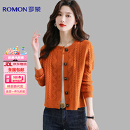 羅蒙（ROMON）高檔羊毛衫女秋冬新款羊毛針織開(kāi)衫女高腰短款圓領(lǐng)純羊毛毛衣外套 提花橙色 3XL