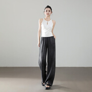 德瑪納【含天然亞麻】夏季舒適風(fēng)松緊腰直筒褲暈染印花松弛遮肉女休閑褲