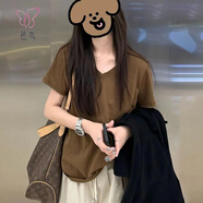芭鳶美式復古正肩V領純色短袖T恤女夏港味chic寬松顯瘦半袖體恤上衣服 棕色 M