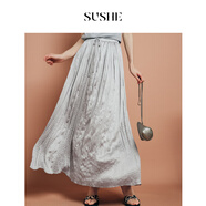 束皙SUSHE 不規(guī)則壓皺珠光緞感松緊腰系帶長款氣質半身裙女春季