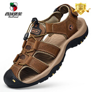 西域駱駝處理斷碼涼鞋男2025新款春夏真皮包頭大碼沙灘鞋戶(hù)外防滑涼鞋 A7239暗棕 42 收藏送襪子