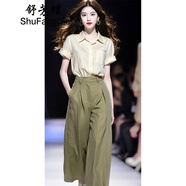 舒芳蝶（shufangdie）休閑褲夏裝搭配一整套穿搭棉麻短袖襯衫闊腿褲炸街減齡時(shí)尚套裝女 米白色襯衫+綠色長(cháng)褲 L