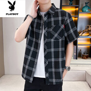 花花公子（PLAYBOY）格子襯衫男士短袖2025新款夏季薄款襯衣潮牌免燙抗皺男款休閑外套 DC34黑色 M
