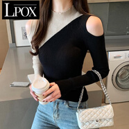 LPOX2025春秋新款韓版立領(lǐng)撞色性感露肩毛衣打底衫女內搭長(cháng)袖針織上衣 杏色 L [建議-110斤]