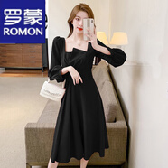 羅蒙（ROMON）輕奢女裝 連衣裙女春秋季新款大I碼女裝秋裝女長(zhǎng)袖新款中長(zhǎng)款裙子 黑色連衣裙 時(shí)尚百搭 2XL 【建議125-135斤】
