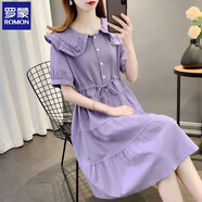 羅蒙紫色短袖連衣裙女2025夏季新款韓版甜美茶歇裙顯瘦收腰中長(cháng)款裙子 紫色 M 建議100-110斤