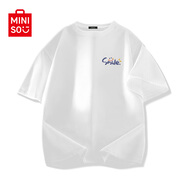 名創(chuàng)優(yōu)品（MINISO）純棉白色短袖男新款潮牌男生半袖t恤青少年百搭正肩圓領(lǐng)上衣體恤 白色(開心符號胸標) L /175(30天質(zhì)量問題全額退)