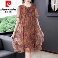 皮爾卡丹（pierre cardin）大碼碎花短袖網(wǎng)紗連衣裙女夏季寬松胖mm遮肚顯瘦媽媽雪紡連身裙子 肉粉色 L 建議90-100斤