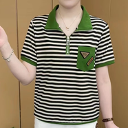 高檔斷碼女士秋季女裝洋氣條紋上衣2025新款半拉鏈T恤衫休閑時尚 3102#綠色短袖 L （建議100斤內(nèi)）