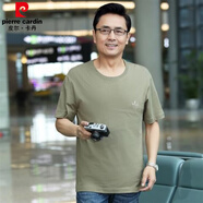 皮爾卡丹（pierre cardin）夏天爸爸裝短袖t恤男中年人圓領(lǐng)純色棉夏裝40-50歲中老年人寬松上 卡其 純色無(wú)刺繡 M (85-100斤)