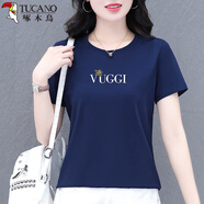 啄木鳥(niǎo)（TUCANO）棉女士短袖t恤女夏季2025新款中年夏裝寬松顯瘦圓領(lǐng)體恤上衣T恤女 2308寶藍 2XL (125-140斤)