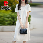 皮爾卡丹薄款醋酸真絲釘珠圓領(lǐng)連衣裙女中長(cháng)款鑲鉆A字裙短袖純色寬松長(cháng)裙 白色 S
