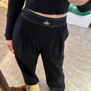 ALO YOGA腿標(biāo)反光logo印花松緊腰梭織闊腿褲寬松長(zhǎng)褲休閑輕薄神褲 黑色alo褲子 M 【100-118】