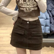 夕楠歐美風(fēng)復古工裝裙女夏季辣妹防走光牛仔短裙高腰顯瘦A字半身裙潮 咖啡色 XS