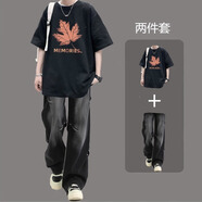浩術(shù)短袖t恤男夏季潮流ins圓領(lǐng)加肥加大碼青少年寬松印花體恤衫上衣男 T2573黑色+K183黑色【套裝】 L 【建議100-120斤】