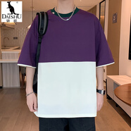 袋鼠（DAISHU）短袖男款2025年夏季新款休閑寬松圓領t恤男潮牌美式拼接休閑體恤 10341-2536深紫 3XL 約160-175斤可穿