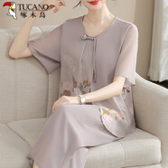 啄木鳥(niǎo)（TUCANO）母親節新中式媽媽夏裝套裝女氣質(zhì)雪紡小衫2025中老年女裝短袖上衣 淺咖色套裝 3XL （推薦125-135斤) 