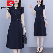 皮爾卡丹（pierre cardin）新款復(fù)古POLO領(lǐng)純色短袖連衣裙夏收腰顯瘦氣質(zhì)大尺碼中長款裙子 V42#藏青色【有口袋】今年流行的 3XL 【建議135-145斤】