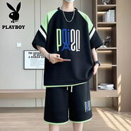 花花公子（PLAYBOY ESTABLISHED 1953）短袖t恤套裝男士夏季2025新款寬松青少年休閑運(yùn)動(dòng)兩件套 TZ8903黑色 M