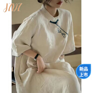JZDZ仿棉麻2025夏文藝復(fù)古刺繡新中式改良旗袍連衣裙小立領(lǐng)繡花裙 杏色 商場同款 S 80-90斤 商場同款