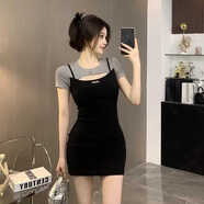 朦朧杏大碼連衣裙女裝夏季學(xué)院風(fēng)包臀短裙胖mm300斤純的欲性的感假兩件 黑色 4XL 碼建議240-300斤