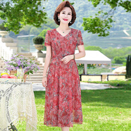 情羅蘭媽媽連衣裙夏裝衣服雪紡裙洋氣2025新款中老年女裝夏季短袖裙子 1705106紅色 2XL 建議100-115斤