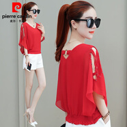 皮爾卡丹短袖雪紡衫女2025新款時(shí)尚遮肚子洋氣小衫雙v領(lǐng)蝙蝠衫露肩襯衫女 紅色 S (建議80-95斤)