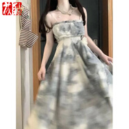 莜仙格2024溫柔風(fēng)水墨暈染裹胸裙套裝女夏季薄款開衫茶歇法式吊帶連衣裙 單件吊帶裙 L 105- 120