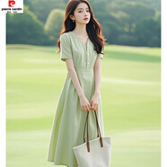 皮爾卡丹（pierre cardin）綠色v領(lǐng)收腰雪紡連衣裙夏2025新款小個(gè)子顯高海邊度假今年流行裙 綠色 M 建議95--104斤