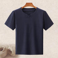 閃爆中國風(fēng)亞麻T(mén)恤夏季薄款純色短袖t恤復古盤(pán)扣棉麻肥佬大碼男裝茶服 607深藍色 XL