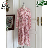 漢卿中夏淑女氣質(zhì) 韓國(guó)Chic碎花連衣裙 百褶雪紡長(zhǎng)袖連衣裙 韓版長(zhǎng)裙 粉色 均碼