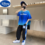 迪士尼（Disney）品牌童裝男童夏裝短袖套裝夏季衣服長(zhǎng)褲兩件套男孩休閑中大童t恤 藍(lán)色 110