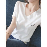 皮爾卡丹（pierre cardin）純C棉V領(lǐng)短袖t恤潮牌國(guó)潮女領(lǐng)2025早春夏季小眾設(shè)計(jì)感白色上衣服 微笑【白色v領(lǐng)】 S 【95斤內(nèi)】