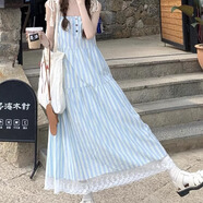 沂歆吊帶連衣裙女裙子夏季2025新款純欲長裙吊帶裙小個子少女感遮肚子 藍(lán)色條紋麻繩吊帶長裙 M 【建議90-105斤】
