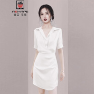 AEMAPE2025年夏新款翻領(lǐng)氣質(zhì)百搭收腰褶皺襯衫裙連衣裙小黑裙宴會小禮服 白色 S (95斤以下拍)
