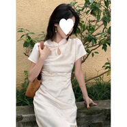 貞喜氣素新中式連衣裙夏季女裝中國風(fēng)改良旗袍裙子夏天訂婚敬酒旗袍日常 米色 普通面料 M 建議100-110