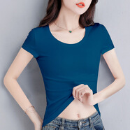 恒源祥（HYX）雞心領(lǐng)短袖t恤女純色2025年女裝薄款修身上衣緊身白色體恤 孔雀藍(lán)【圓領(lǐng)】 修身短袖 3XL 131-145斤