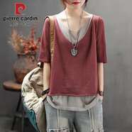 皮爾卡丹（pierre cardin）文藝棉麻T(mén)恤女假兩件女拼色v領(lǐng)夏季短袖寬松休閑百搭薄針織衫上衣 磚紅色 L 100-110斤