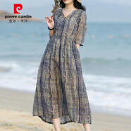 皮爾卡丹苧麻裙女夏新款文藝條紋氣質(zhì)中長(cháng)款棉麻連衣裙2025流行復古亞麻裙 藍色素條紋 2XL 【建議145-160斤】
