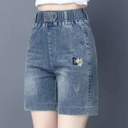 歌班婭牛仔短褲女夏季薄款2025新款直筒松緊腰女褲高腰顯瘦五分中褲熱褲 圖片色515# L 105-120