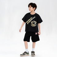 大嘴猴（paul frank）童裝夏季套裝2025新款男女童休閑短袖短褲中大童運動時尚兩件套 黑金+黑色 110