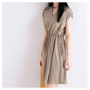 COLORFUL GEMS無(wú)袖V領(lǐng)連衣裙日系輕奢修身收腰純色裙 卡其色 S