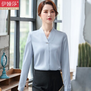 伊婭莎職業(yè)長(cháng)袖襯衫女V領(lǐng)雪紡衫緞面氣質(zhì)打底商務(wù)正裝美容珠寶店工作服 灰色襯衫+黑色褲子 M 建議90-105斤
