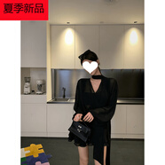 鄂爾都市牧王2025夏季新款V領(lǐng)長(cháng)袖飄帶連衣裙感百褶雪紡裙收腰襯衫短裙女 黑色連衣裙 L
