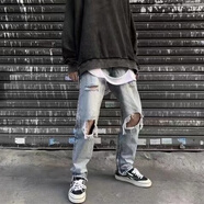 HUALIN FASHION歐美高街潮流破洞牛仔褲男寬松做舊乞丐褲 淺藍(lán)色 M